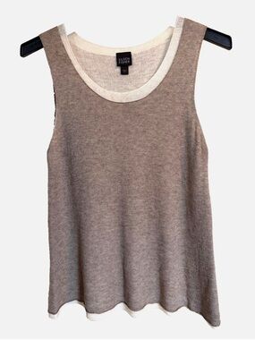 Eileen Fisher Sleeveless Sweater Tank Large Taupe Wool Blend Contrast Trim Knit